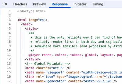Screenshot from 'View Source' from an article on this website, after source has been prettified. Very nice looking source code, lines aren't too long.