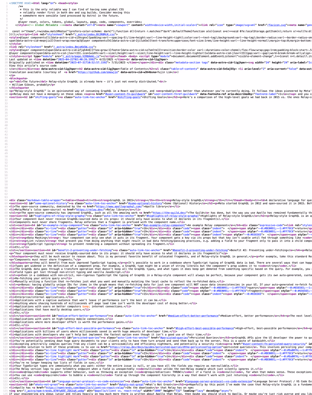 Screenshot from 'View Source' from an article on this website, as pretty-printed by Chrome's developer tools.