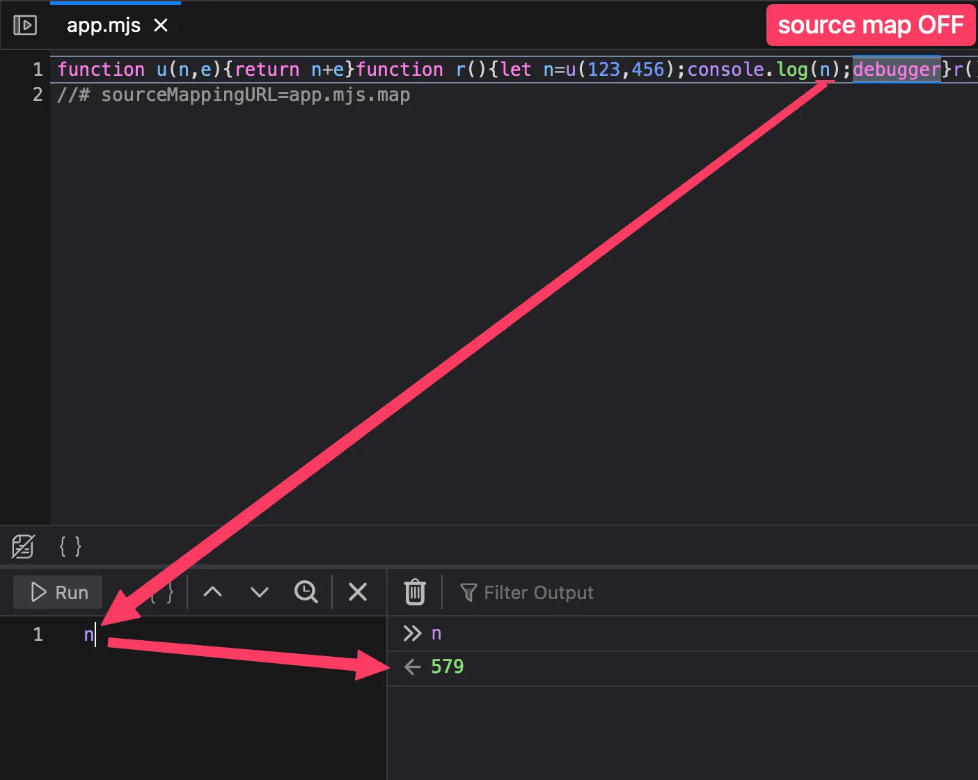 Screenshot of the Firefox console with source maps off
