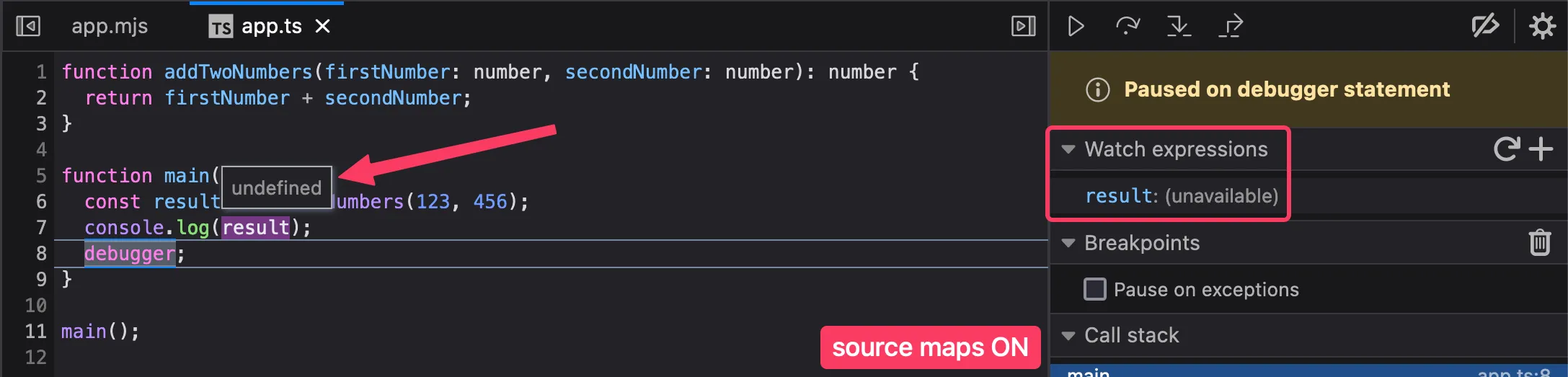 Screenshot of the Firefox debugger with source maps on