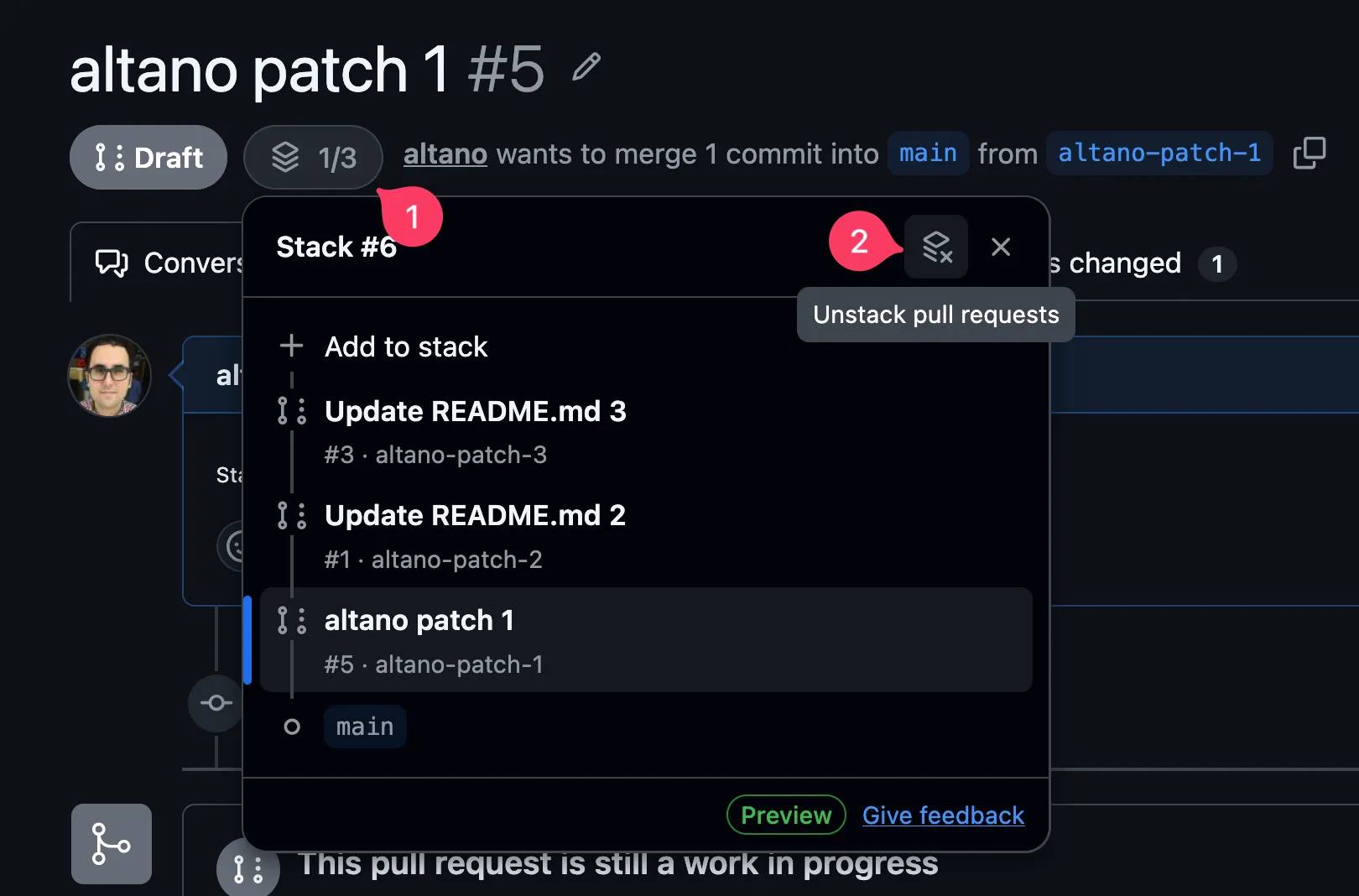 Screenshot of GitHub stack UI showing the “Unstack pull requests” button